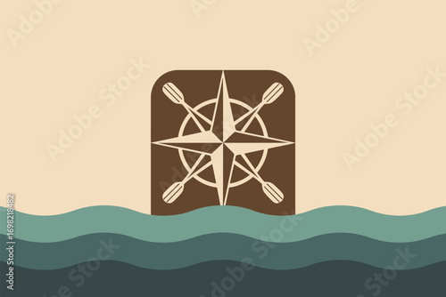 A nautical themed design featuring a compass rose and oars above stylized waves on a beige background