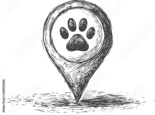 Paw vector sketch hand drawn line art on icon, paw print location marker — stock vector