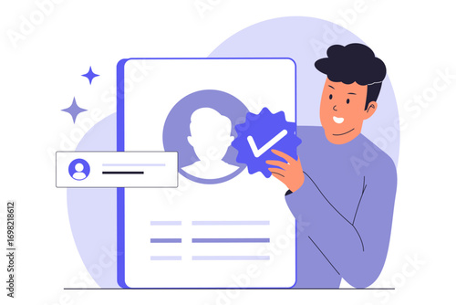 Illustration of Account Verified and Online Profile Authentication. User with a Verified Badge for Social Media and Internet Trust. Person with a verified badge next to their online profile.