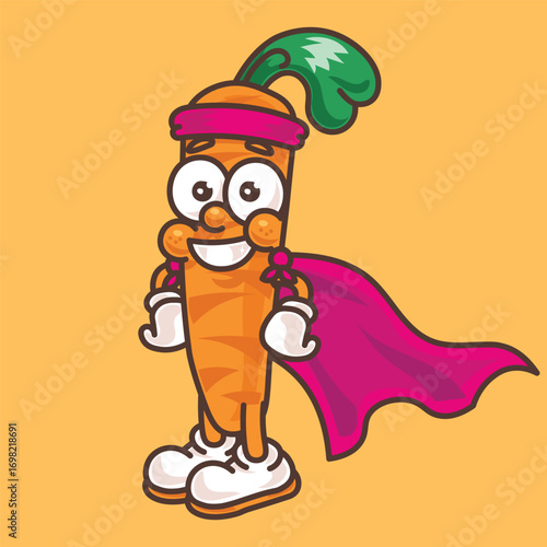 Cute Superhero Carrot Vector Mascot – Funny Cartoon Vegetable Character with Cape, Healthy Food Illustration for Kids, Stickers, Logos and Educational Projects