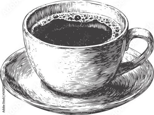 Coffeehouse vector sketch hand drawn line art in restaurant, vintage coffee cup with saucer etching — stock vector