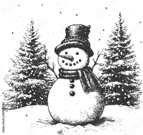 Snowman vector sketch hand drawn line art in forest, engraving style — stock vector