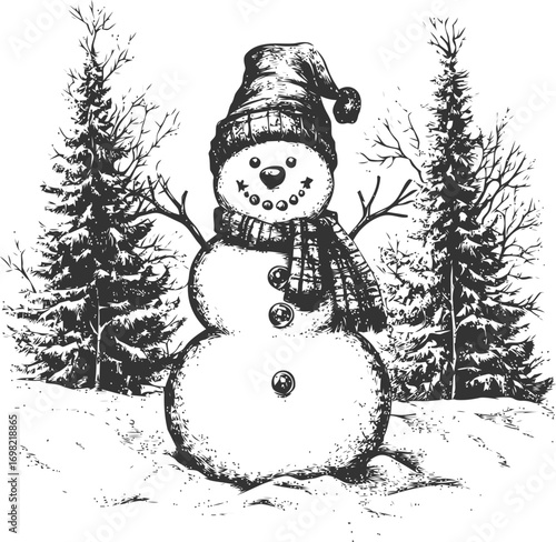 Snowman vector sketch hand drawn line art in nature, snowman in winter forest style — stock vector