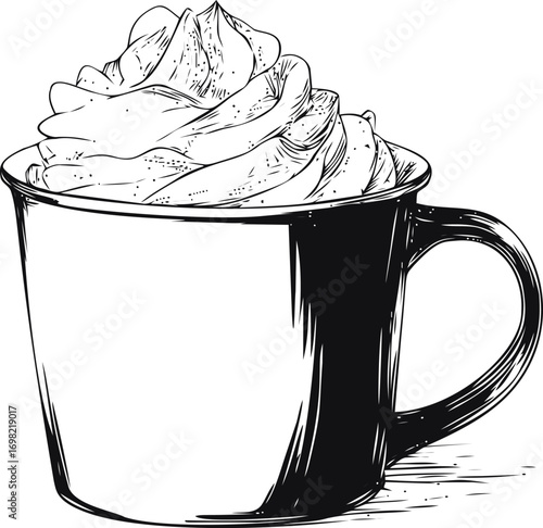 Coffee vector sketch hand drawn line art in restaurant, coffee cup with whipped cream vintage — stock vector