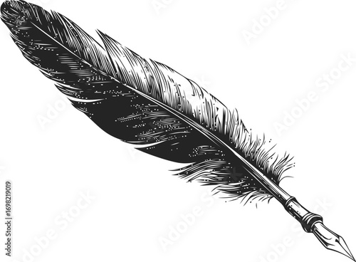 Ink vector sketch hand drawn in outline, vintage feather quill pen in engraving — stock vector