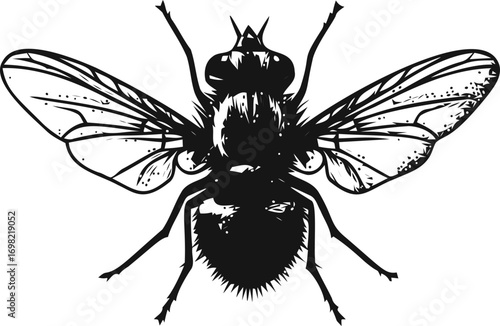 Housefly vector hand drawn in nature, housefly insect detailed black illustration, realistic — stock vector