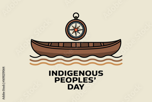Illustration of indigenous peoples' day with canoe compass and waves on a beige background color