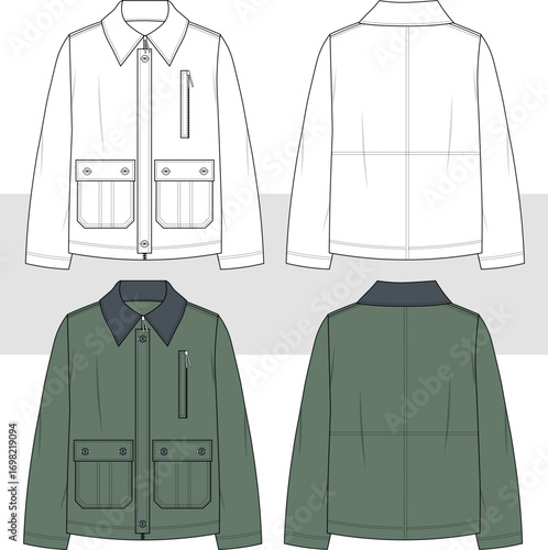 Unisex Utility army cargo Jacket. Workers jacket fashion design technical drawing illustration, flat sketch, vector. Front and back view. CAD, Mockup set.