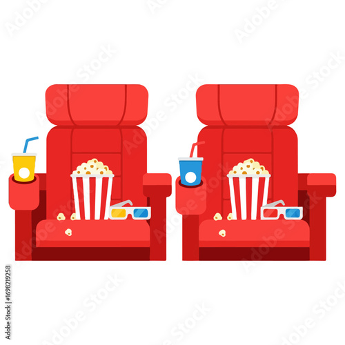 Two red cinema seats with popcorn and drinks ready for movie.