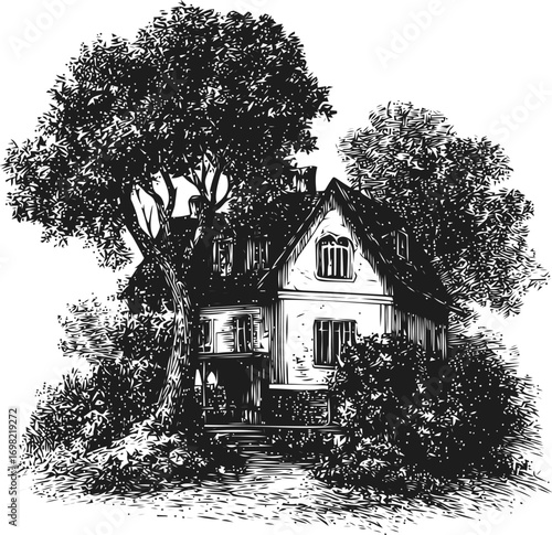 Cottage vector sketch hand drawn line art in nature, vintage house with trees engraving style — stock vector