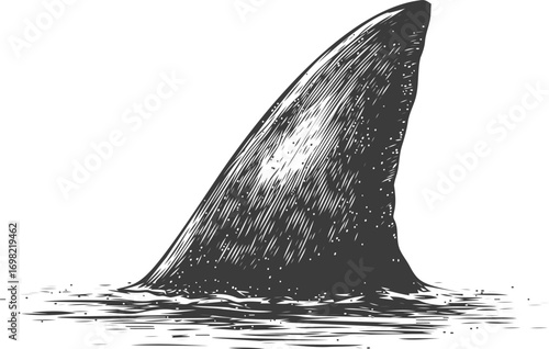 Marine vector sketch hand drawn line art in nature, shark fin in water vintage engraving — stock vector