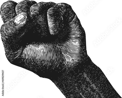 Fist vector sketch hand drawn line art, raised fist hand in vintage engraving — stock vector