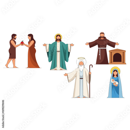 Religious figures and biblical scenes illustration set.