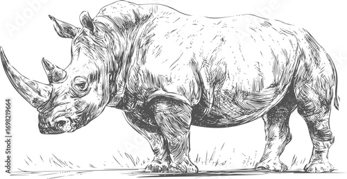 Rhinoceros vector sketch hand drawn line art in nature, rhinoceros, realistic engraving style — stock vector