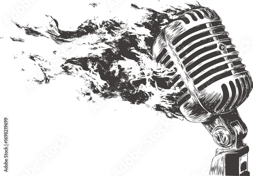 Microphone vector sketch hand drawn line art on icon, vintage microphone with artistic ink splash — stock vector