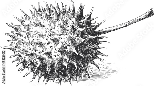 spiky seed pod sketch, black and white clip art preview