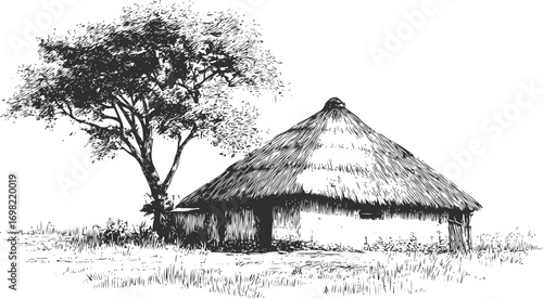 Nature vector sketch hand drawn line art in nature, traditional african round hut with thatched — stock vector