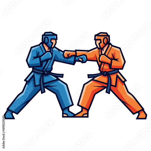 Two martial artists in a sparring match wearing protective gear.