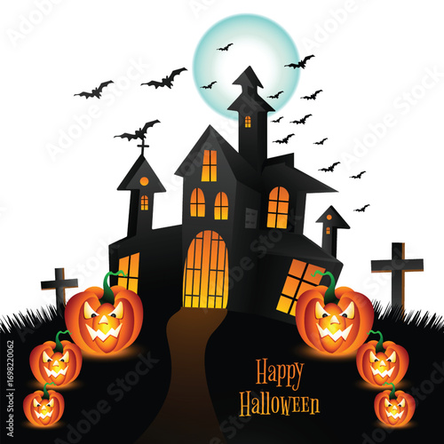  Horror mystery cartoon ghosts, pumpkin and bat. Monster characters, witch hat and candy render. Party pithy vector plasticine elements Art & Illustration