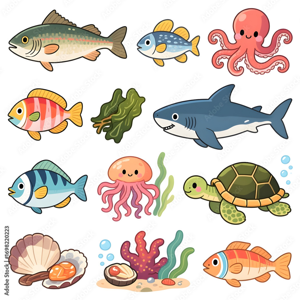 Fototapeta premium set of sea animals 바닷속 물고기 동물 거북이문어 해조류