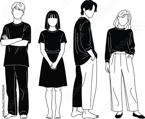 Diverse group of young adults standing together, showcasing modern minimalist style