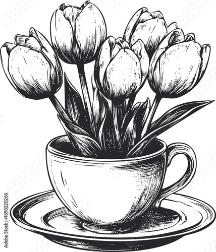 Tulips vector sketch hand drawn line art in nature, vintage tulips in teacup black — stock vector