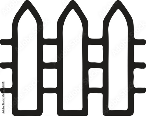 A simple black and white line drawing of a picket fence with three vertical planks and horizontal supports.