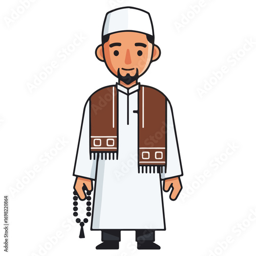 Illustration of a Muslim Man in Traditional Attire Holding Prayer Beads.