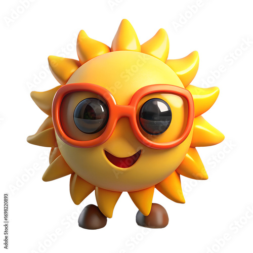 3d cartoon sun character wearing orange glasses yellow