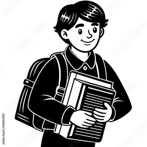 Student carrying backpack and books, vector illustration, 