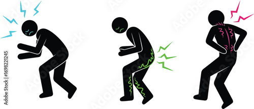 Stick figures illustrating different types of pain: head, back, and lower back discomfort.