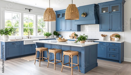 Modern Coastal Kitchen Design with Blue Cabinets, Woven Pendants, and Island Seating