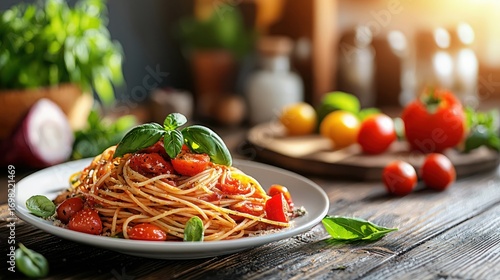 Delicious Plate of Spaghetti with Fresh Basil and Cherry Tomatoes in Rustic Kitchen Setting