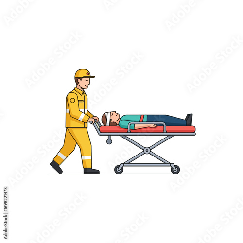 Paramedic transports injured patient on a stretcher for medical care.