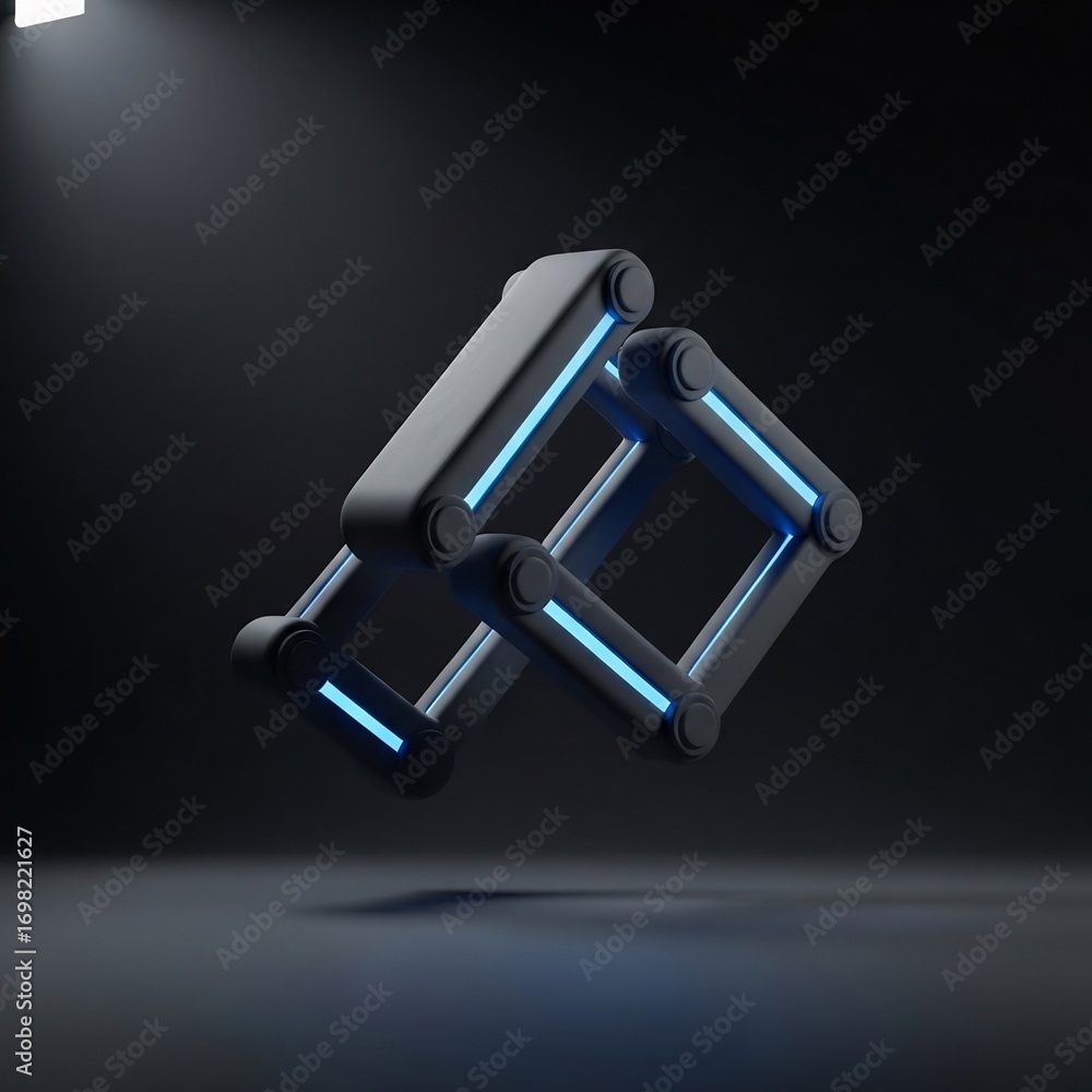Fototapeta premium 3D render of futuristic links with glowing lines, symbolizing a blockchain network. A concept for automated logistics and secure supply chain technology.