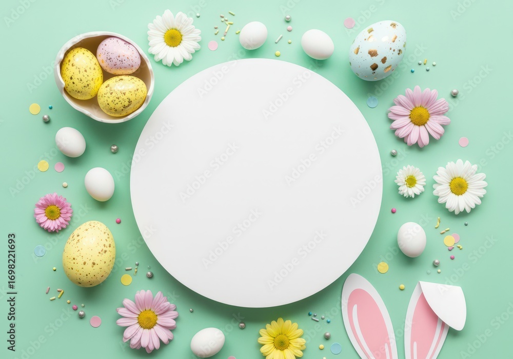 Fototapeta premium Bright Easter eggs, flowers, bunny ears on green