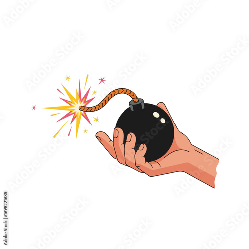 Hand Holding Lit Bomb Fuse Burning.