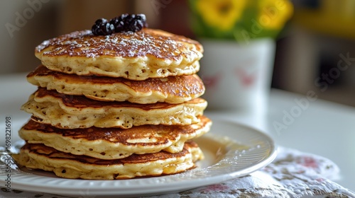 Stack of fluffy pancakes topped with syrup and berries on a white plate with a floral background in a cozy kitchen setting
