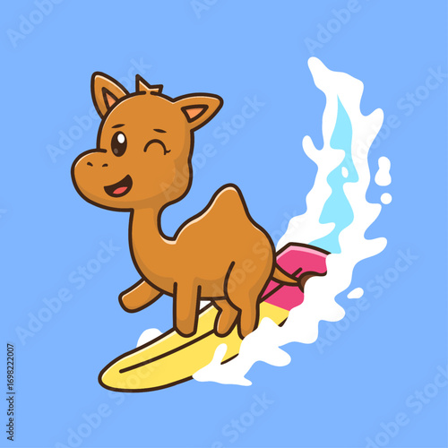 Vector illustration of a cute desert camel trying to surf for the first time in the ocean, funny animal character design perfect for cartoon, kids, summer, and adventure concepts.
