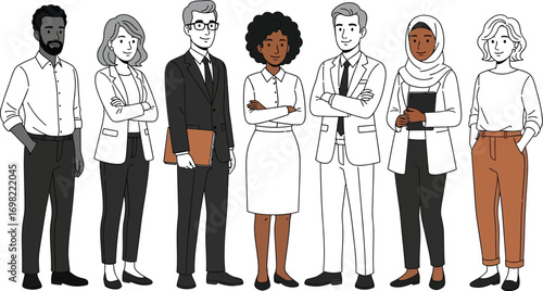 Diverse team of professionals standing together, representing unity and collaboration in the workplace.