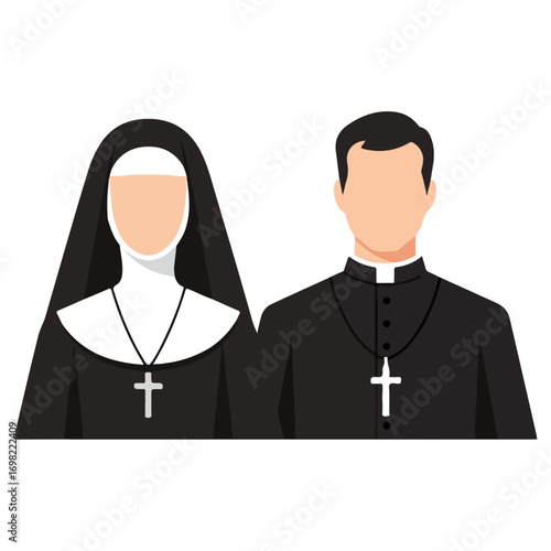Religious figures of priest and nun in black attire.