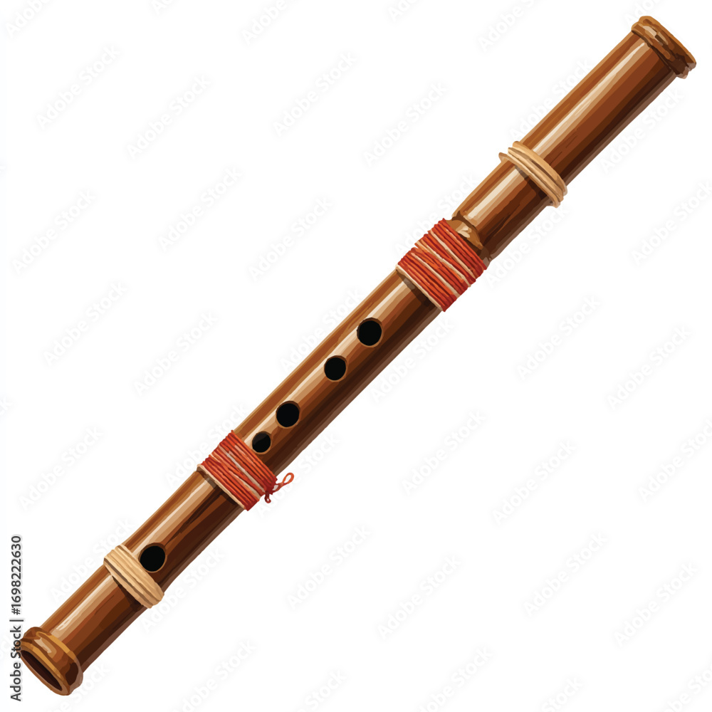 Naklejka premium Detailed bamboo flute illustration showcasing traditional instrument with intricate red string wrapping and smooth brown finish against white backdrop