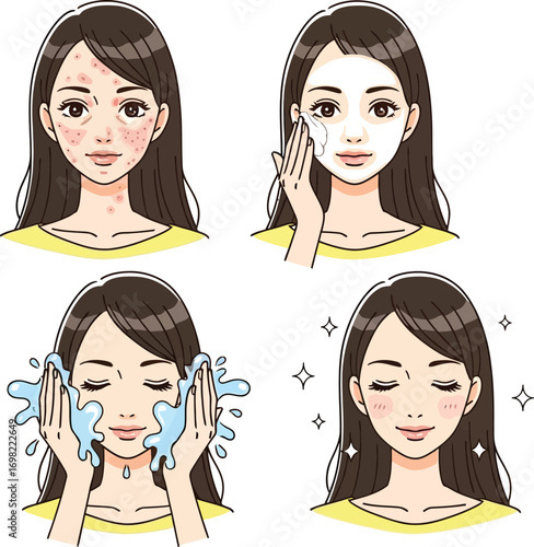 Woman's skincare routine: step-by-step transformation from acne to clear, glowing skin