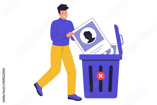 Illustration of Delete Account and Online Profile Removal. Person Deleting Digital Information and Personal Data from a Website or App. person tossing their online profile into a trash bin.