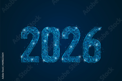Abstract isolated blue image of new year number 2026. Polygonal low poly wireframe illustration looks like stars in the black night sky in space or flying glass shards. Digital web, internet design.