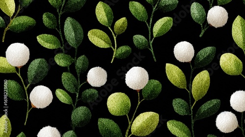    black canvas with green foliage surrounding cotton balls in focus