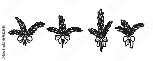 Fir tree bouquets set. Coquette pine tree branches with tied bows. Doodle elements, abstract floral graphics for Christmas cards, banners, celebration event templates. Vector hand drawn illustration.