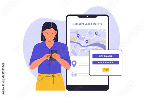 Illustration of User Login Activity and Account Monitoring. Digital Profile Security and Online History Management. Woman is shown checking a map and a list of login history on her smartphone.