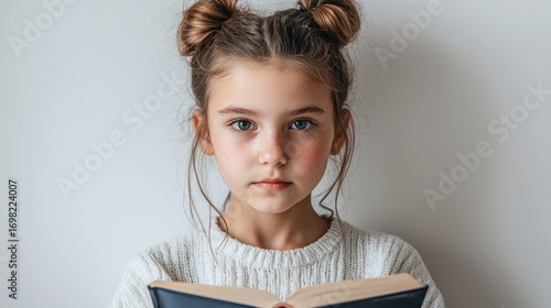 Young girl with cozy sweater holding an open book and looking thoughtfully at the camera against a neutral background