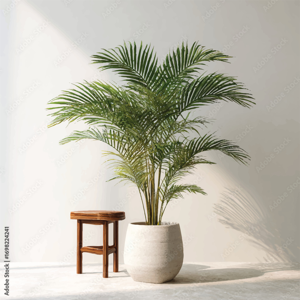 Fototapeta premium Elegant areca palm in white pot with wooden stool against a bright wall for modern interior design